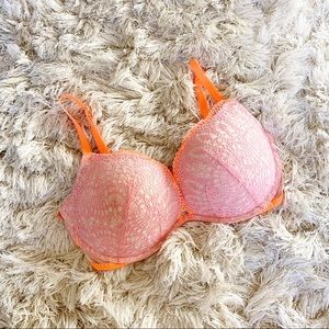 Victoria’s Secret Pink & Orange Crochet Lace Padded Demi Bra 34DD